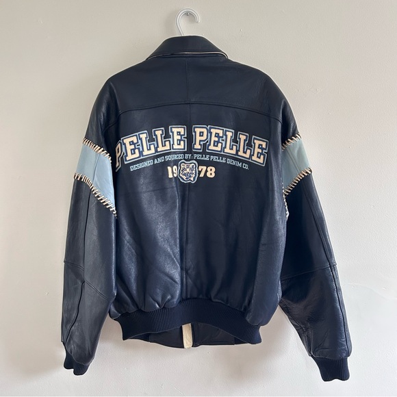 Pelle Pelle Other - Vintage Pelle Pelle Leather Bomber Jacket with Light Blue Sleeve Panels 90’s